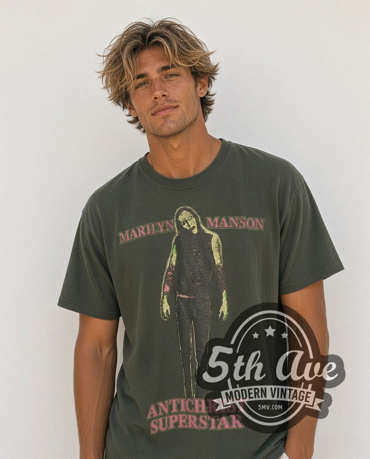 Model wearing the Marilyn Manson Antichrist Superstar Neon Portrait vintage band t-shirt