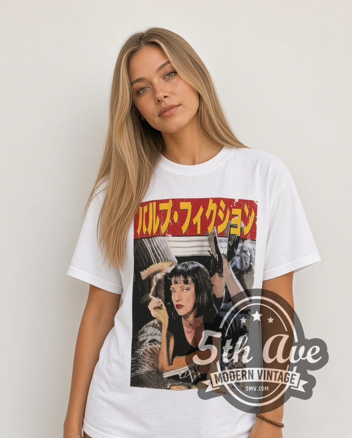 Model wearing the Pulp Fiction Japanese Graphic movie tee