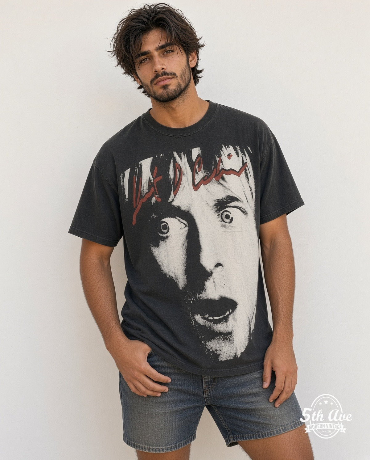 Model wearing the Nirvana Kurt Cobain Shock Collage vintage band t-shirt