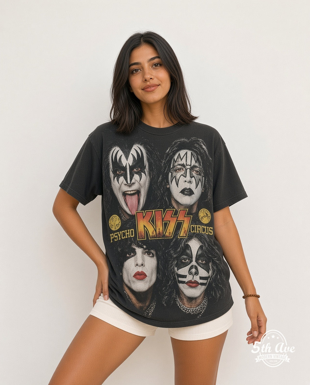 Model wearing the KISS Psycho-Circus 1999 Mexico all-over-print vintage band t-shirt