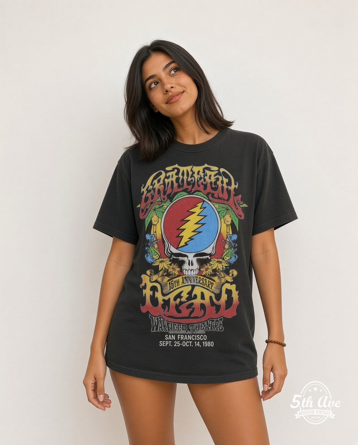 Model wearing Grateful Dead 15th Anniversary Warfield Black vintage band tee