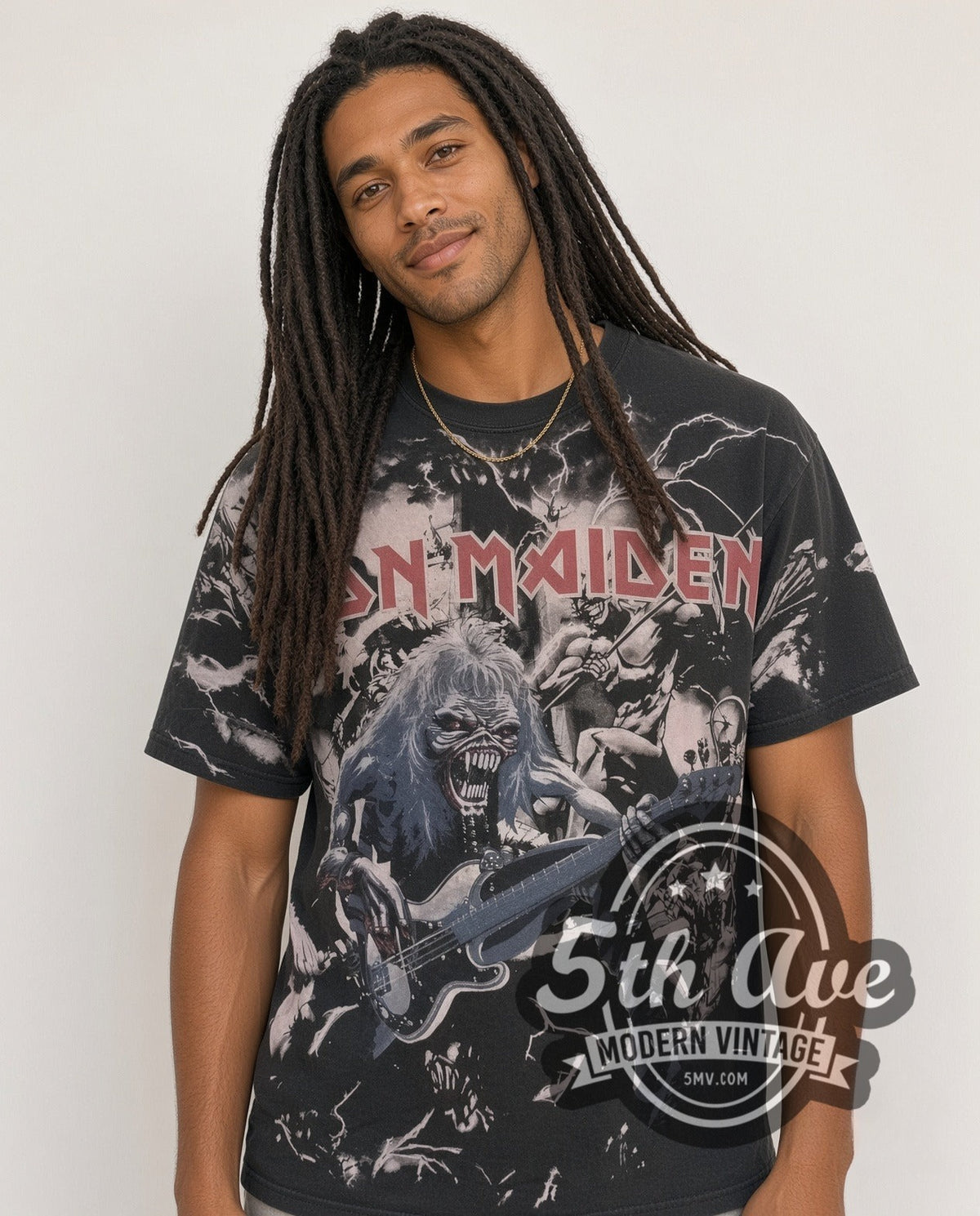 Model wearing the Iron Maiden Eddie Overprint vintage band t-shirt