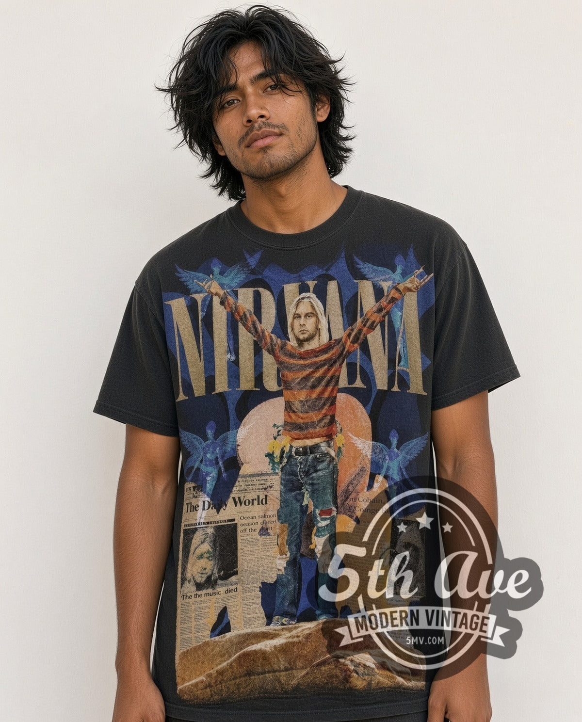 Model wearing the Nirvana Kurt Cobain Overprint vintage band t-shirt
