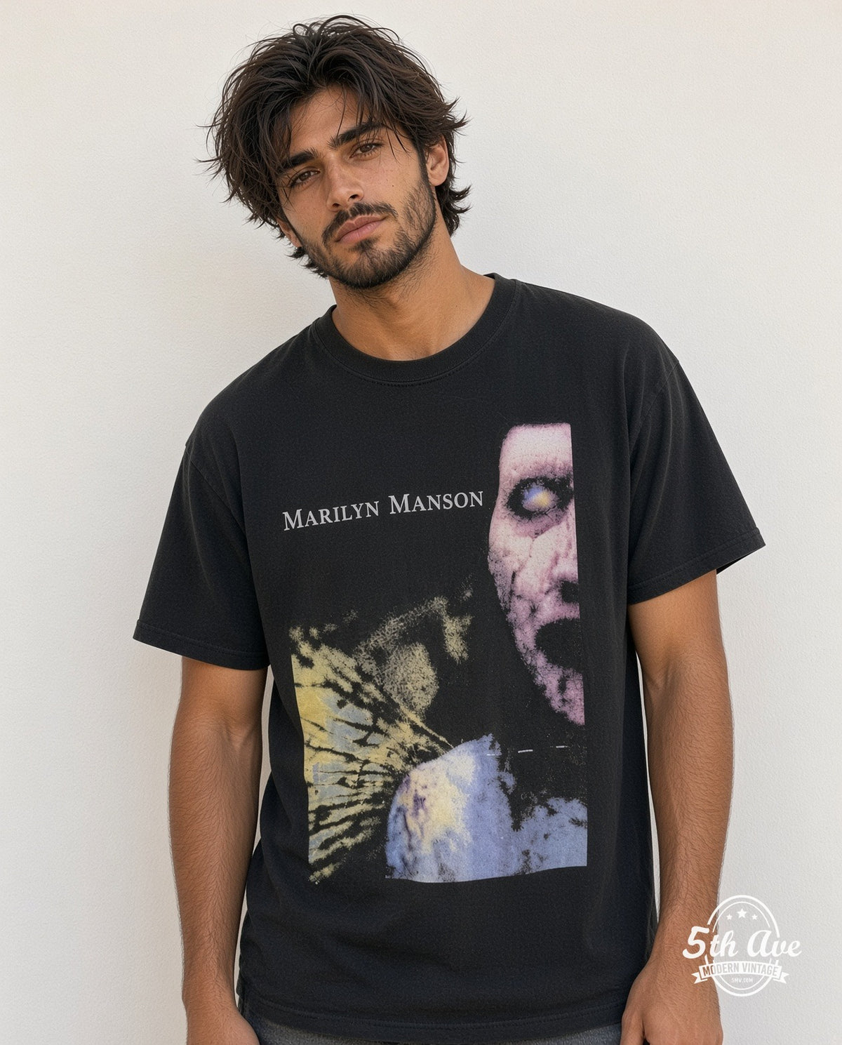 Model wearing the Marilyn Manson Portrait Graphic vintage band t-shirt