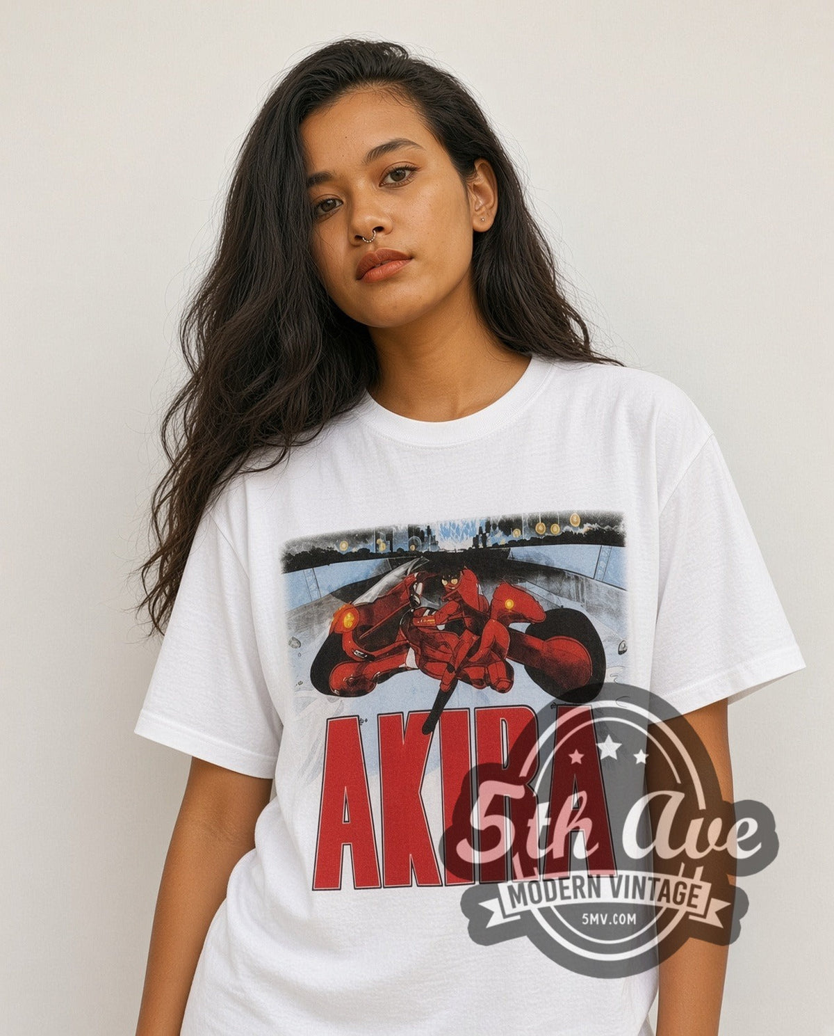 Model wearing the Akira Kaneda Motorcycle Comic Back vintage anime t-shirt in white