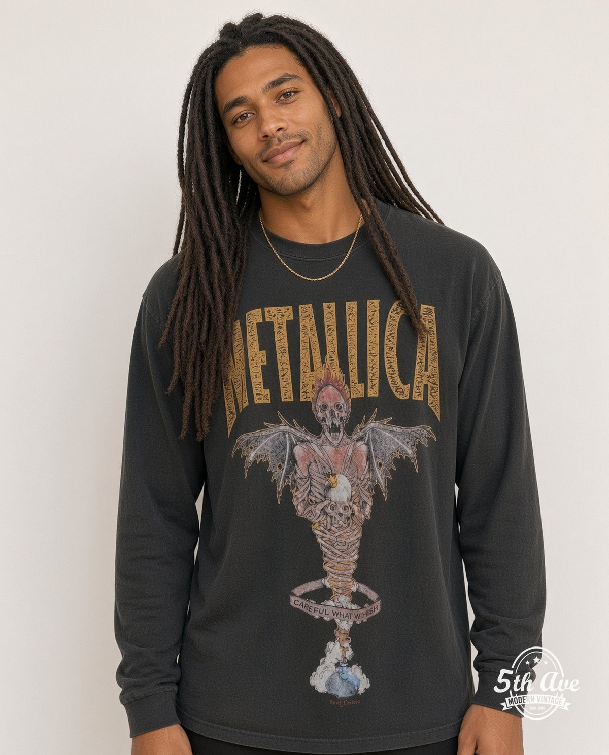 Model wearing the Metallica King Nothing Careful What You Wish long sleeve vintage band t-shirt