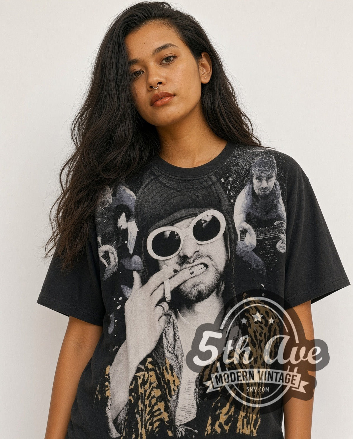 Model wearing the Nirvana Kurt Cobain Mosquito Head vintage band t-shirt