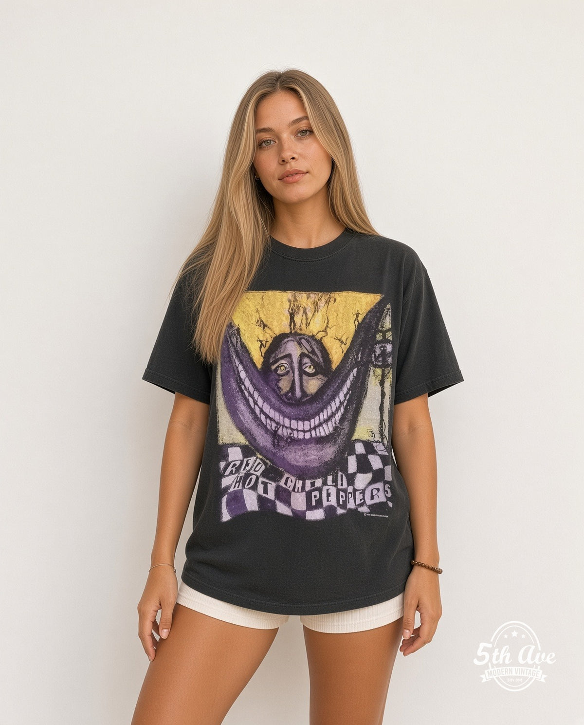 Model wearing the Red Hot Chili Peppers '94 Foreign Tour Commemorative vintage band t-shirt