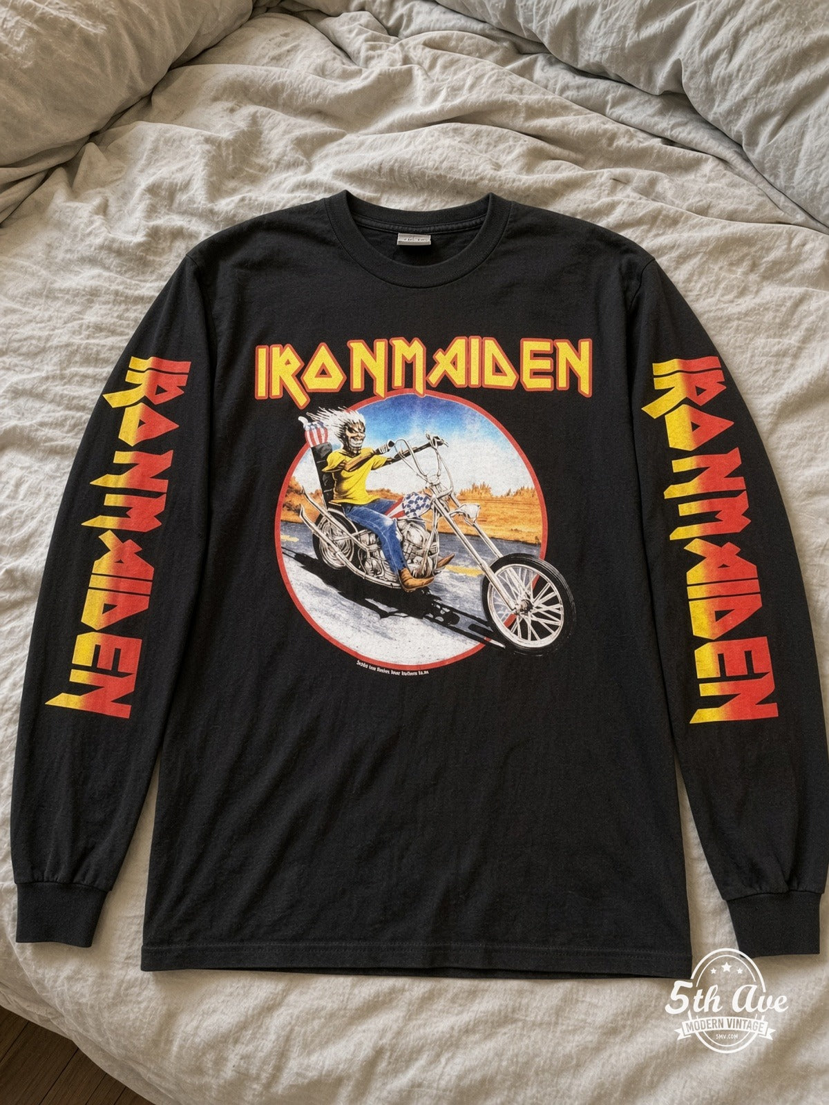 ETS LS 12 Iron Maiden Eddie Motorcycle long sleeve vintage tee laid on a bed