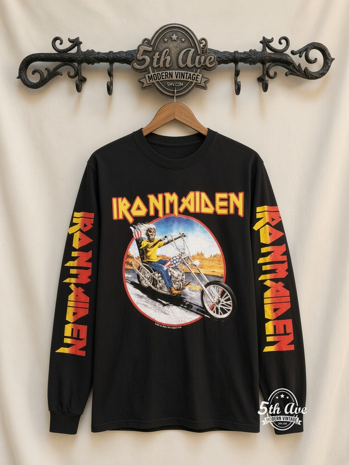 ETS LS 12 Iron Maiden Eddie Motorcycle long sleeve vintage tee on rack, front