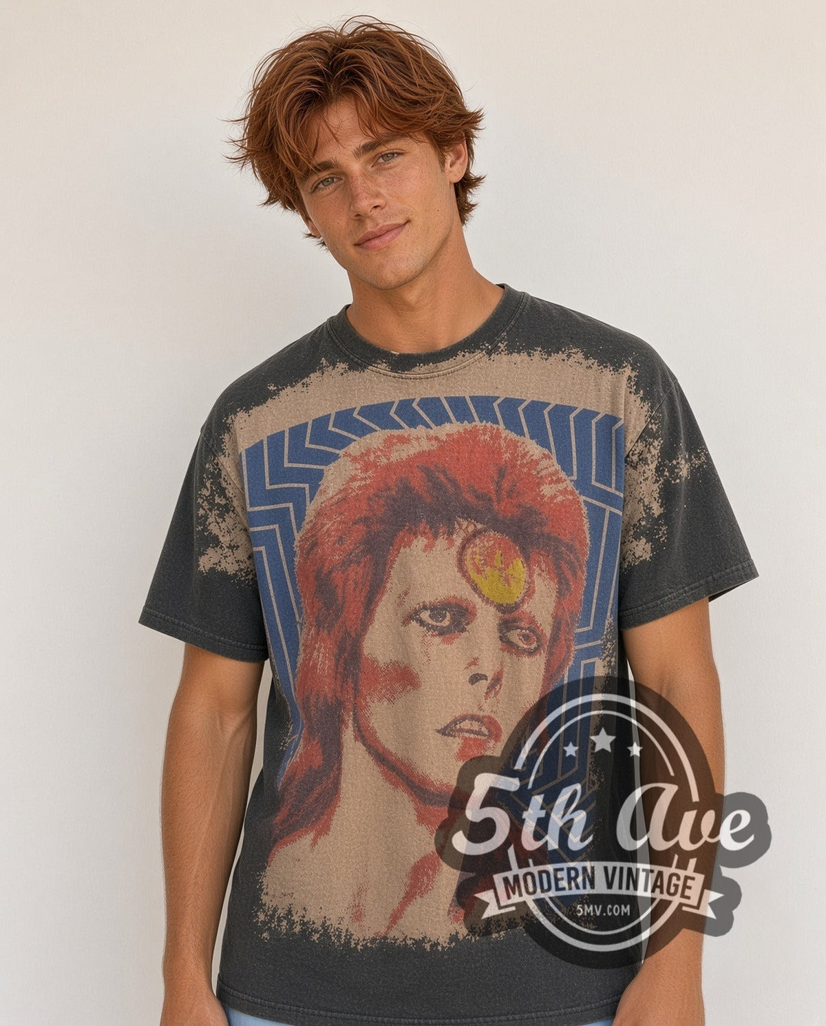 Model wearing the David Bowie Mosquitohead vintage band t-shirt