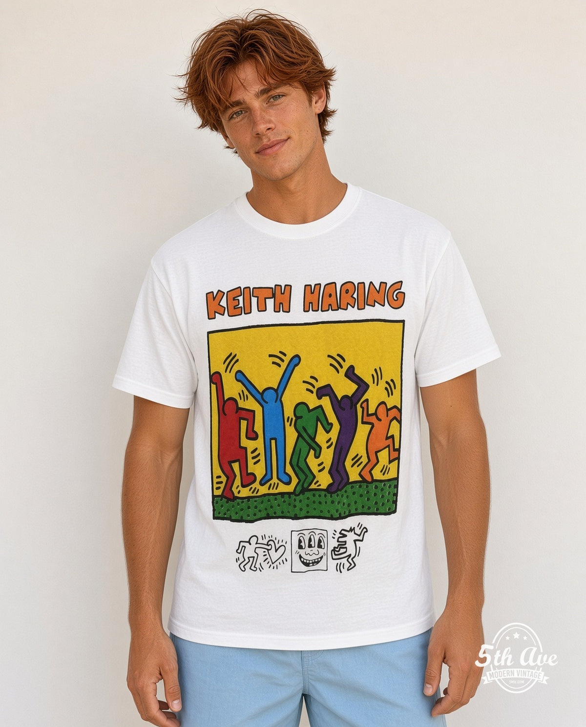 Model wearing the Keith Haring graphic tee