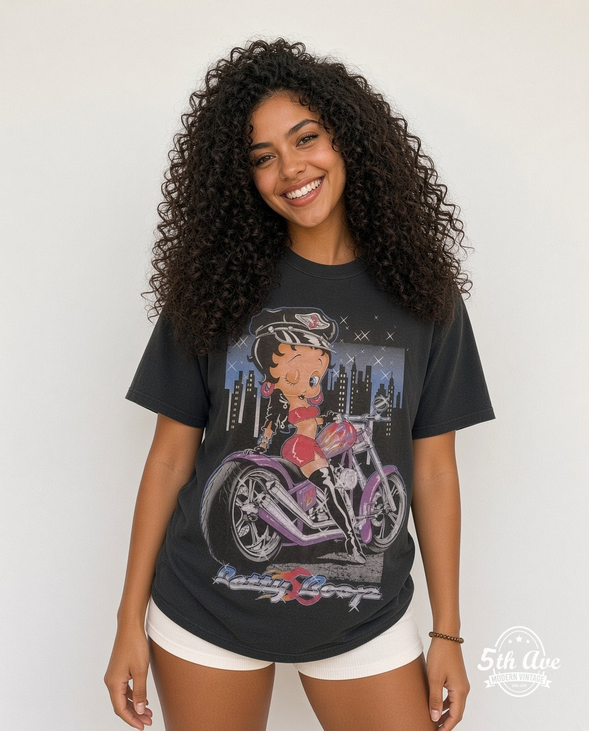 Model wearing the Betty Boop Going My Way? single stitch. graphic tee