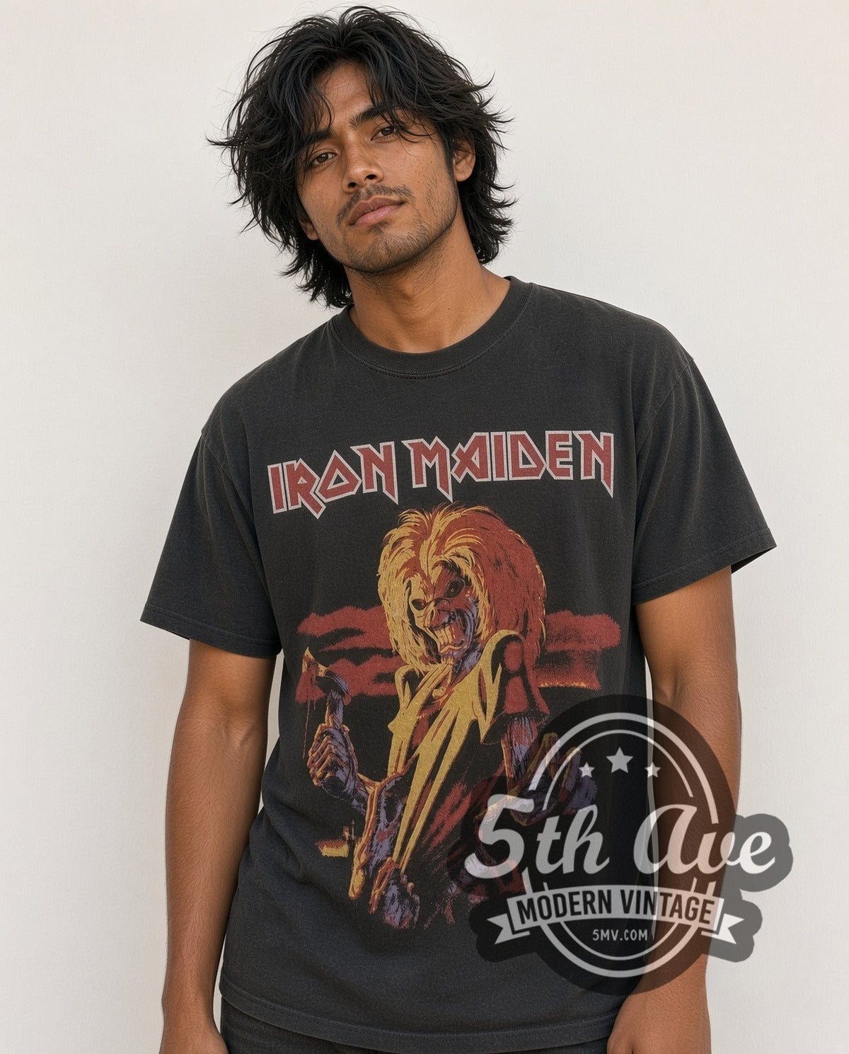 Model wearing the Iron Maiden Latin America Tour 1996 vintage band t-shirt