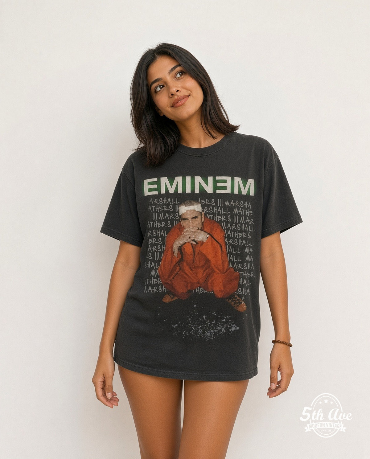Model wearing the Eminem Criminal Tour 2000 graphic tee