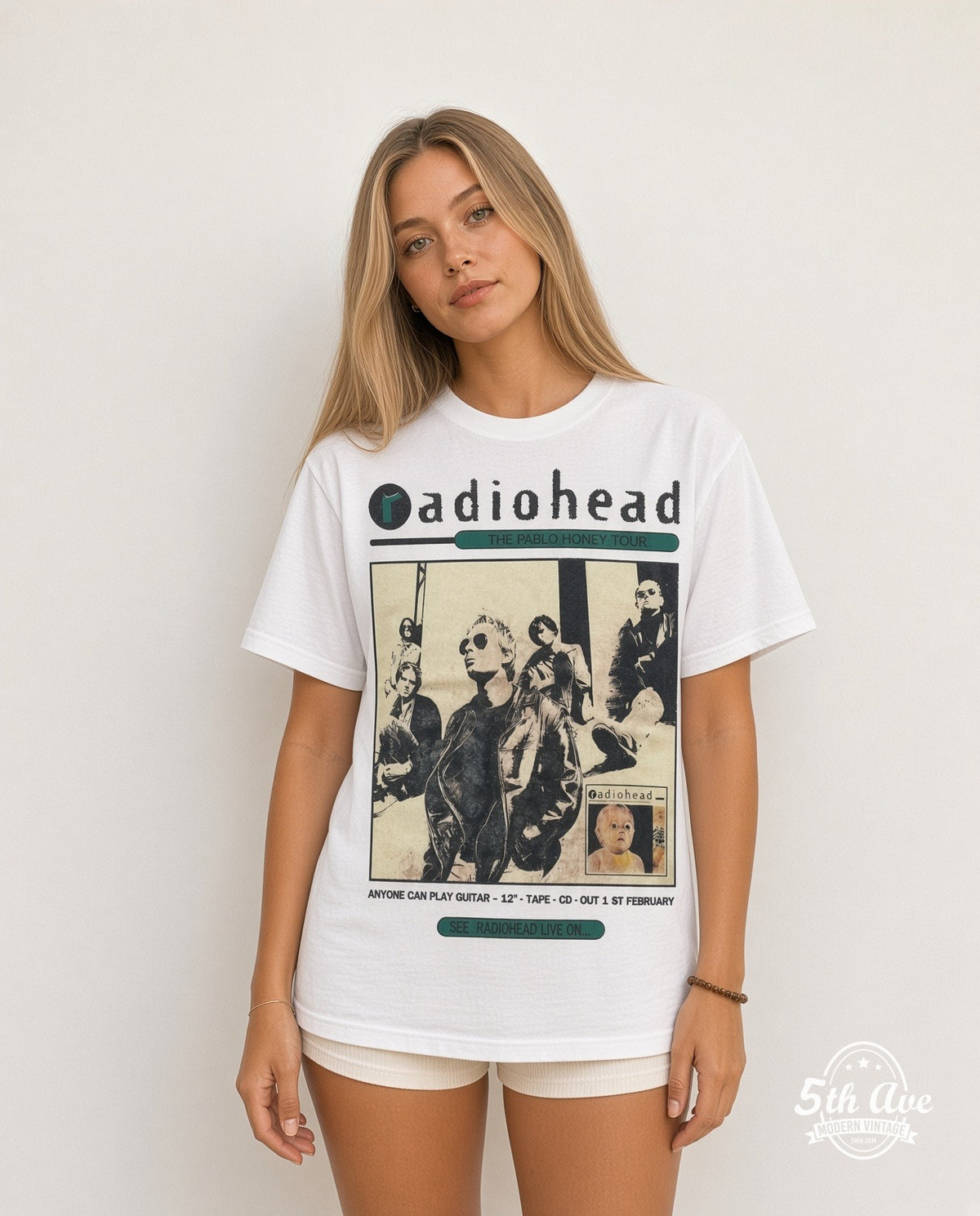 Model wearing Radiohead Pablo Honey Tour White vintage band tee