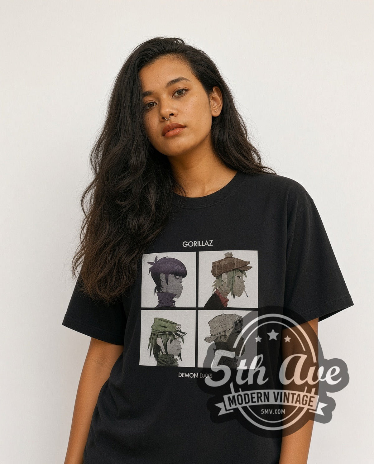 Model wearing the Gorillaz Demon Days Four Panel Portraits vintage band t-shirt
