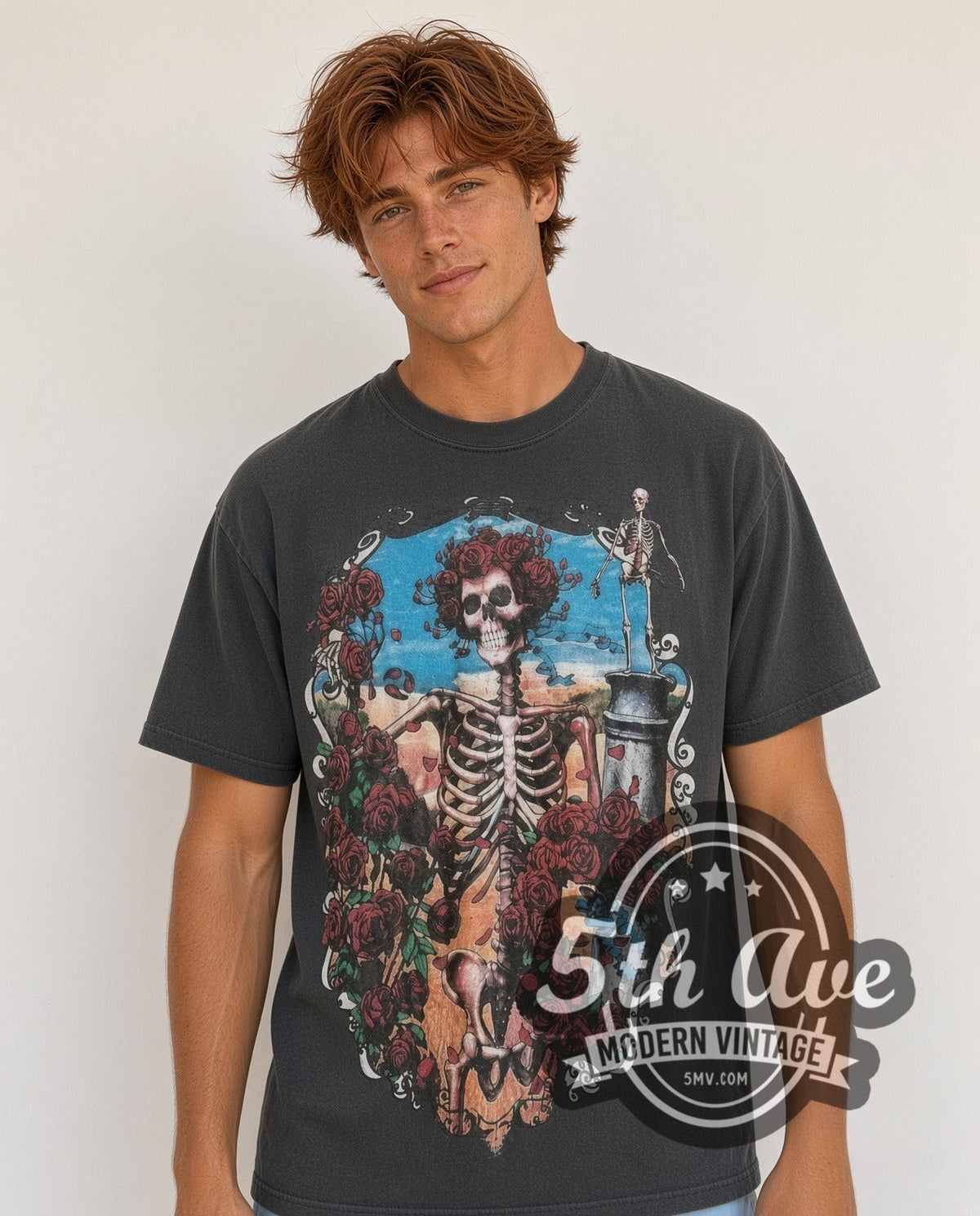Model wearing the Grateful Dead 30 Year Tribute vintage band t-shirt