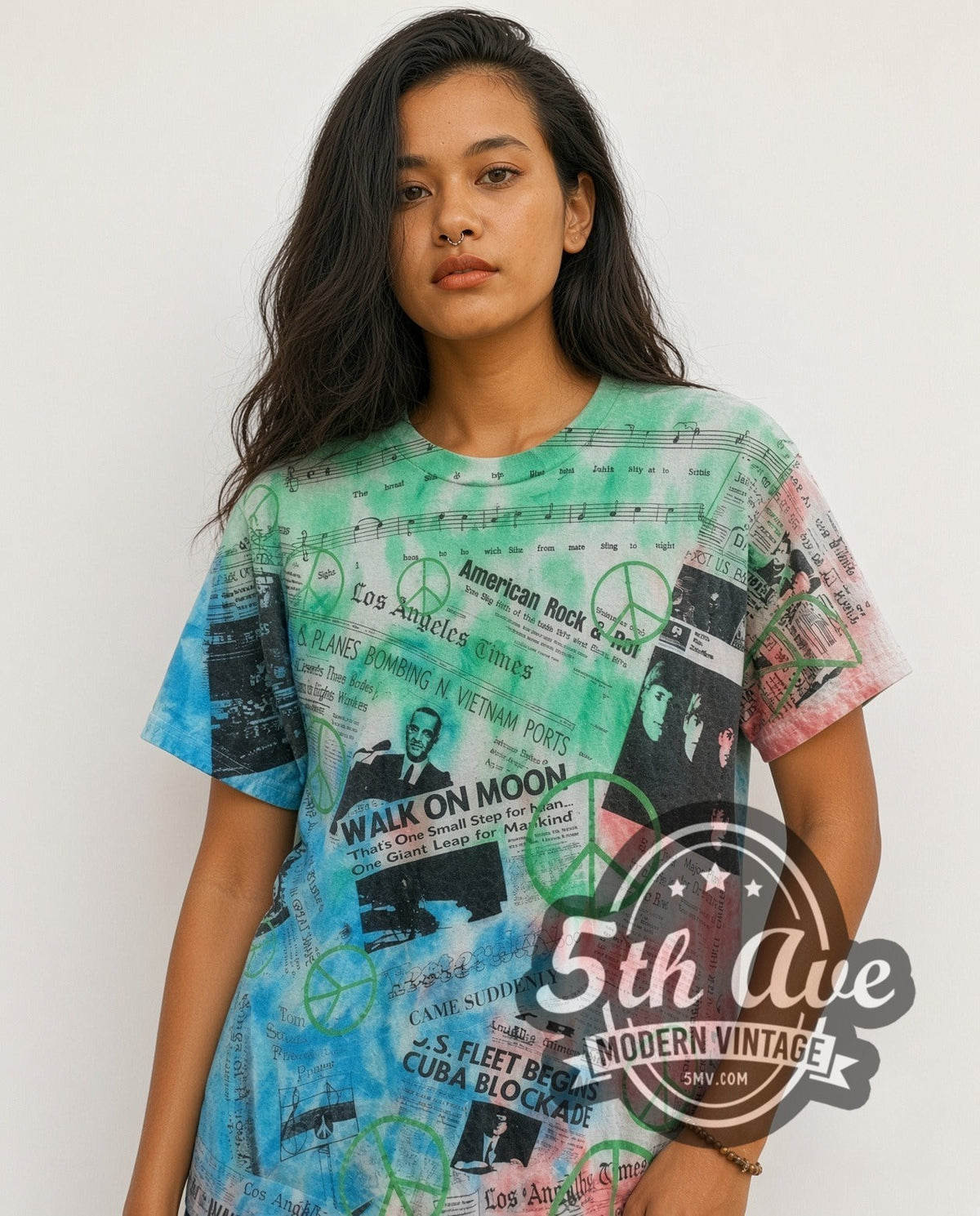 Model wearing the 60s Pop Culture Tie Dye Collage vintage graphic tee