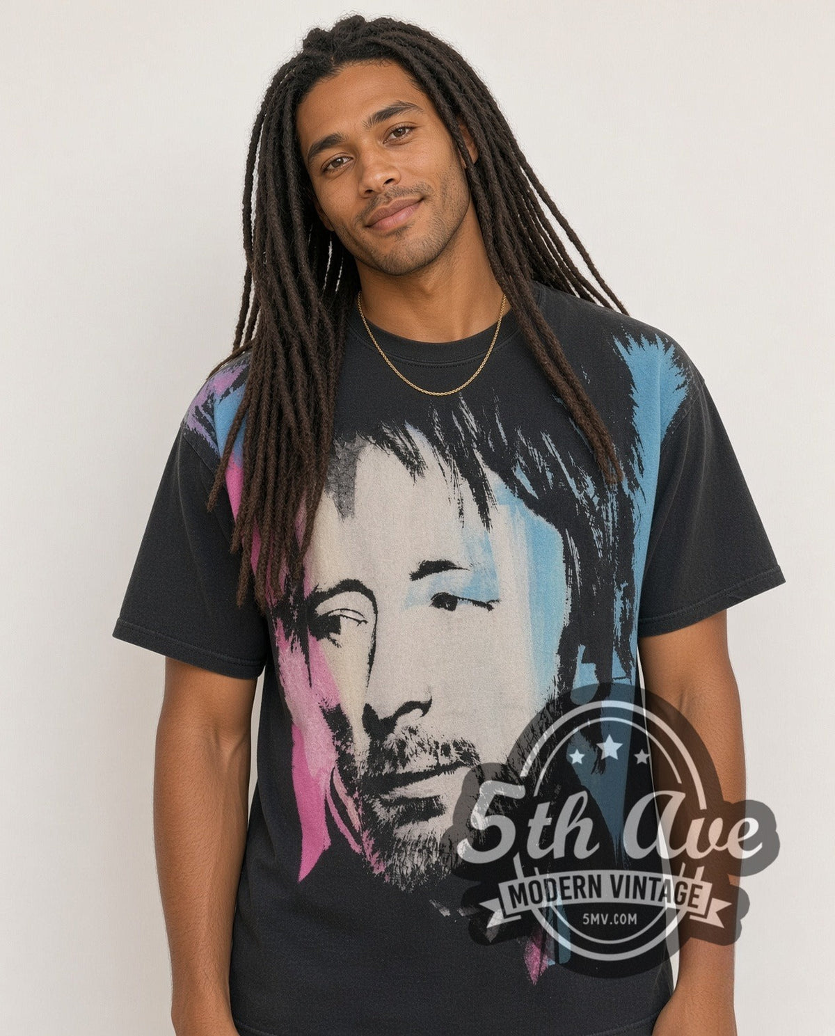 Model wearing the Thom Yorke all-over-print vintage band t-shirt