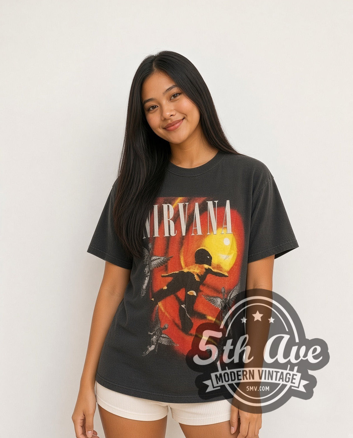 Model wearing the Nirvana Bootleg Portrait vintage band t-shirt