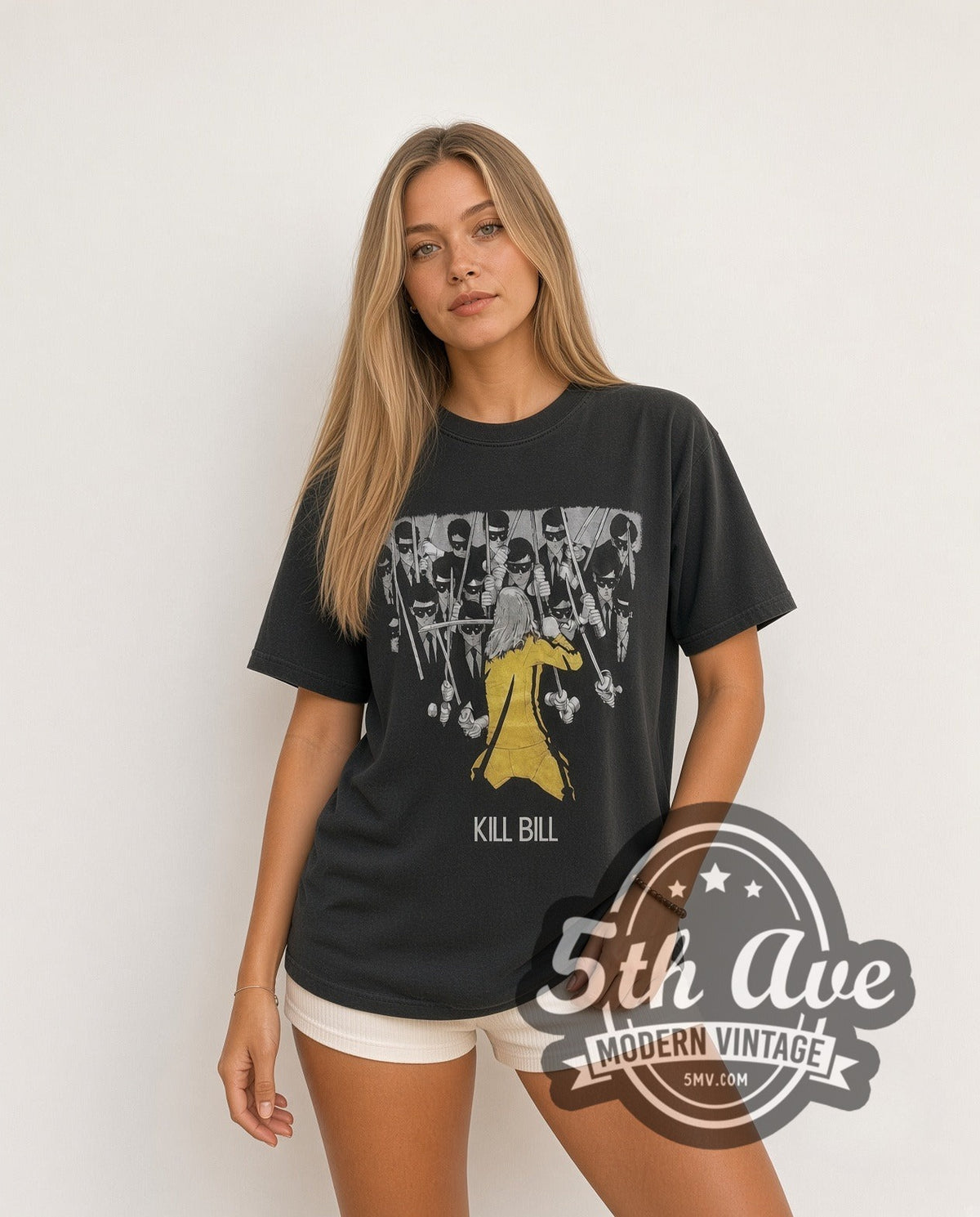 Model wearing the Kill Bill Movie Poster vintage graphic t-shirt