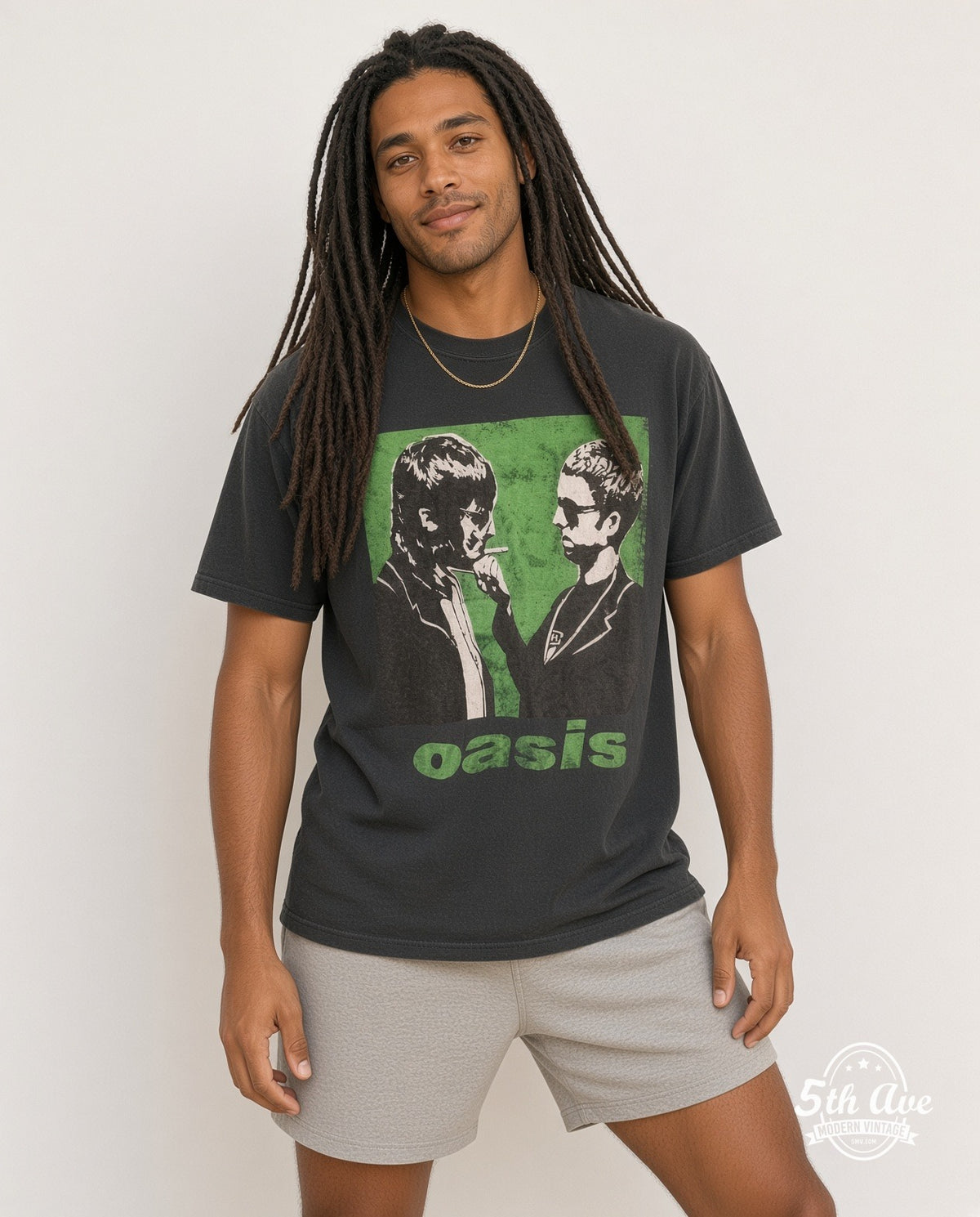 Model wearing the Oasis Gallagher Brothers vintage band t-shirt