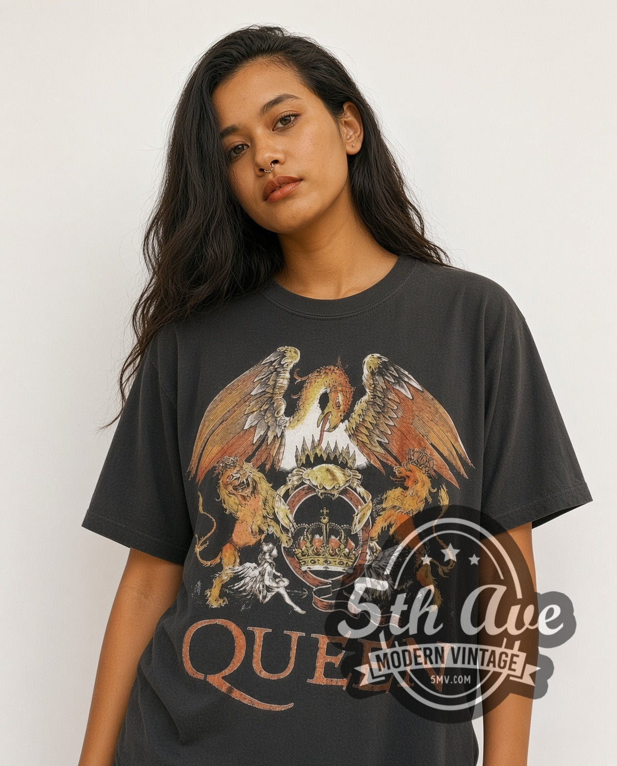 Model wearing the Queen Color Crest Orange Logo vintage band t-shirt