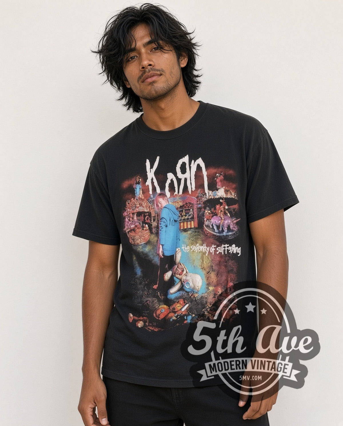Model wearing the Korn The Serenity of Suffering vintage band t-shirt