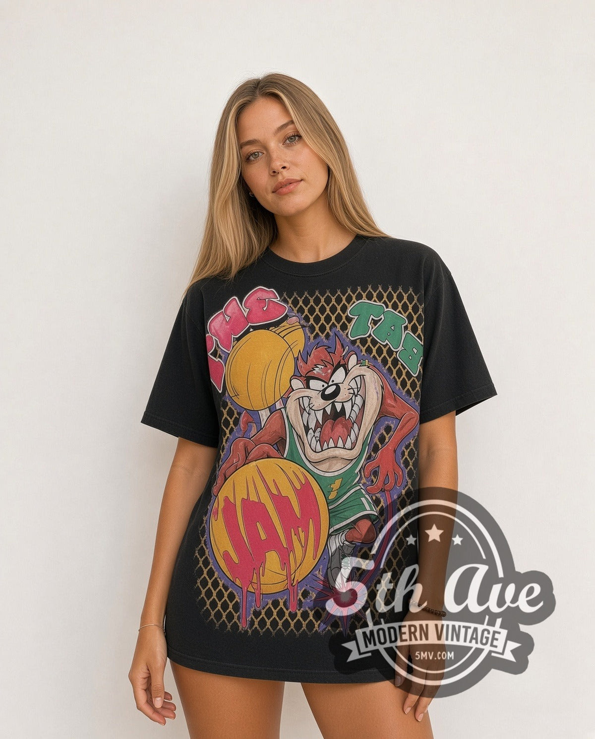 Model wearing the Taz Jam It vintage cartoon tee