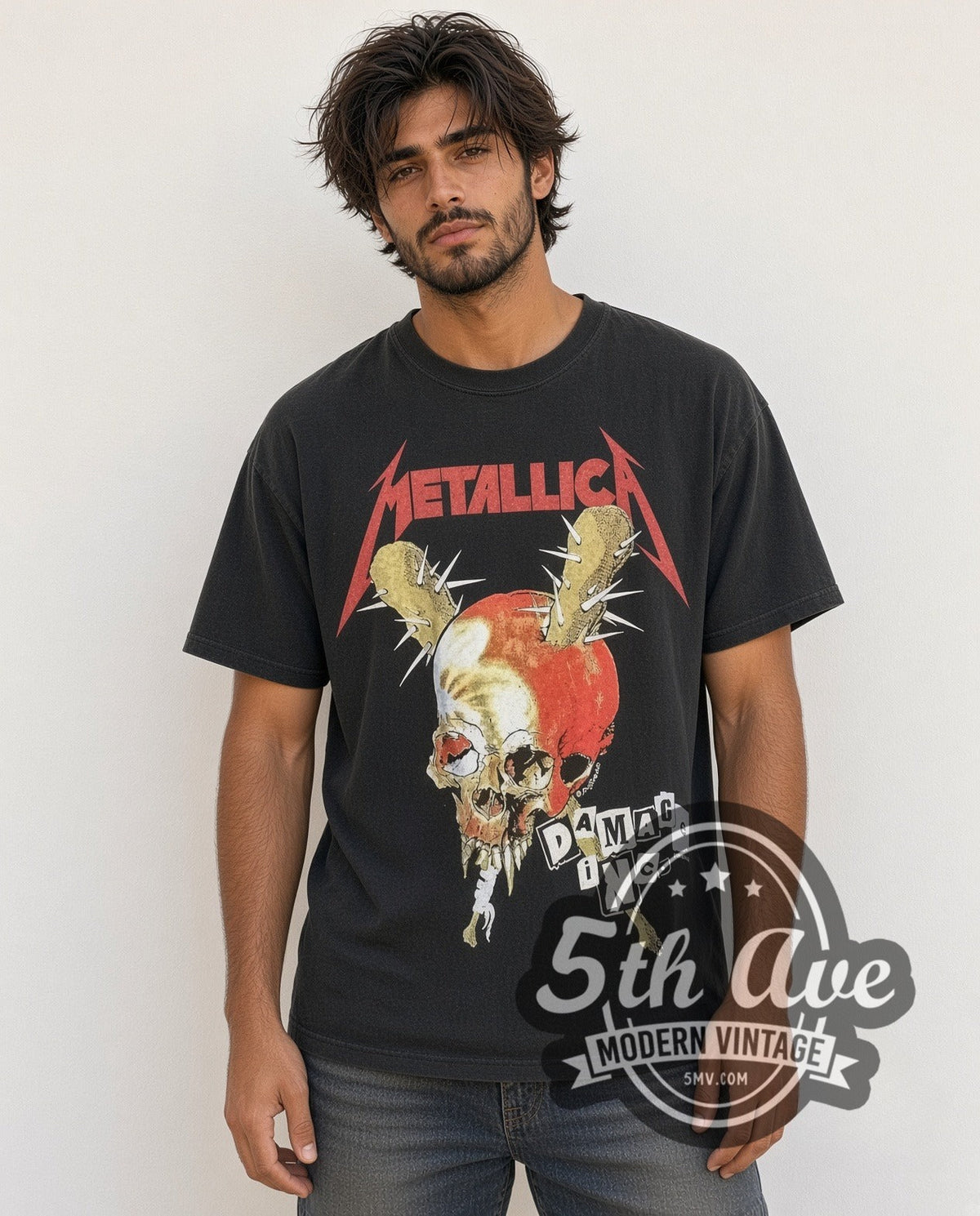 Model wearing the Metallica Damage Inc. Red Crown Pushead Skull vintage band t-shirt