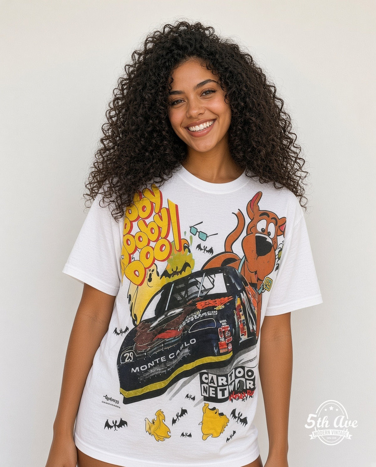 Model wearing the Scooby-Doo NASCAR Monte Carlo Mysteries graphic tee