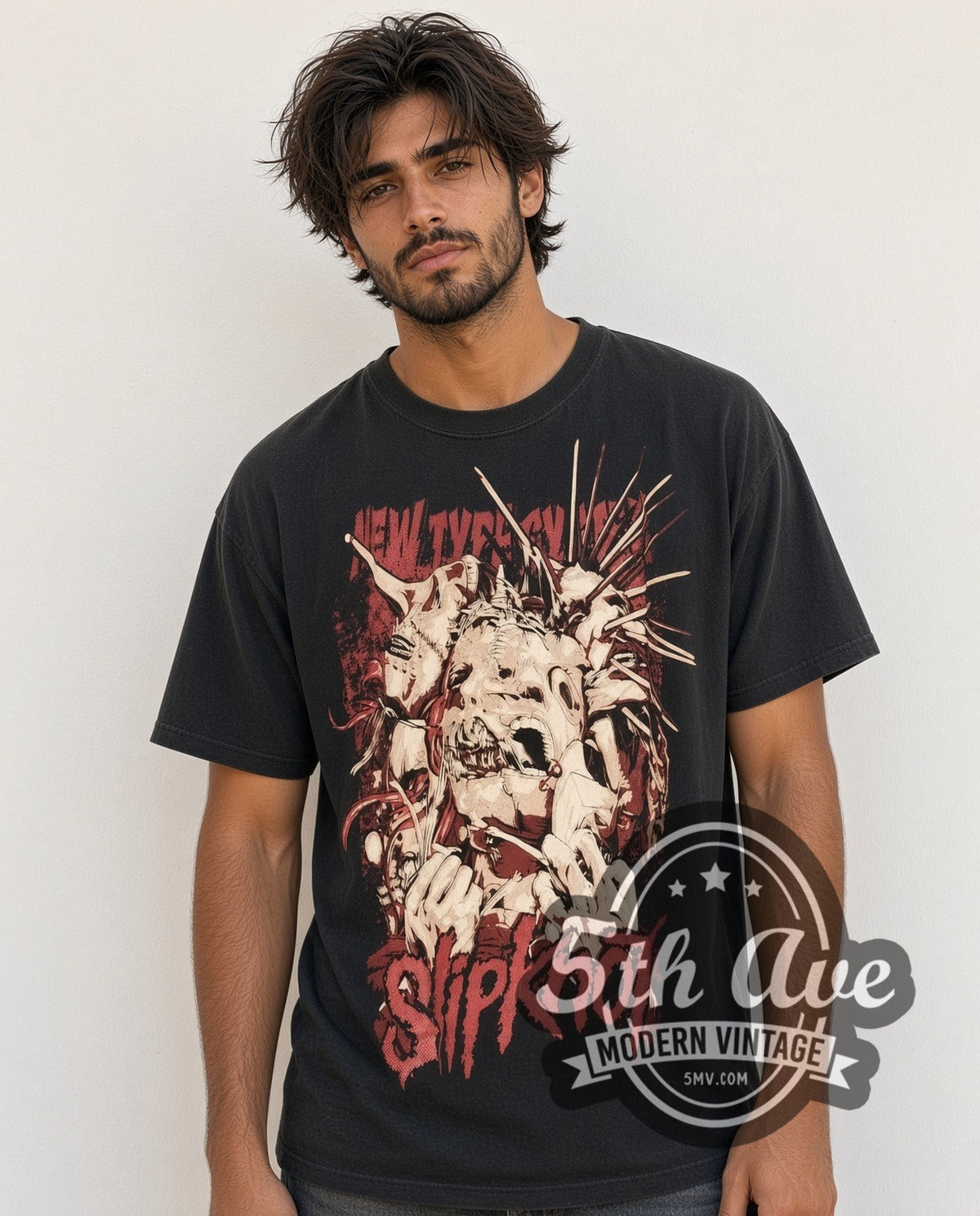 Model wearing the Slipknot Unleash the Madness vintage band t-shirt
