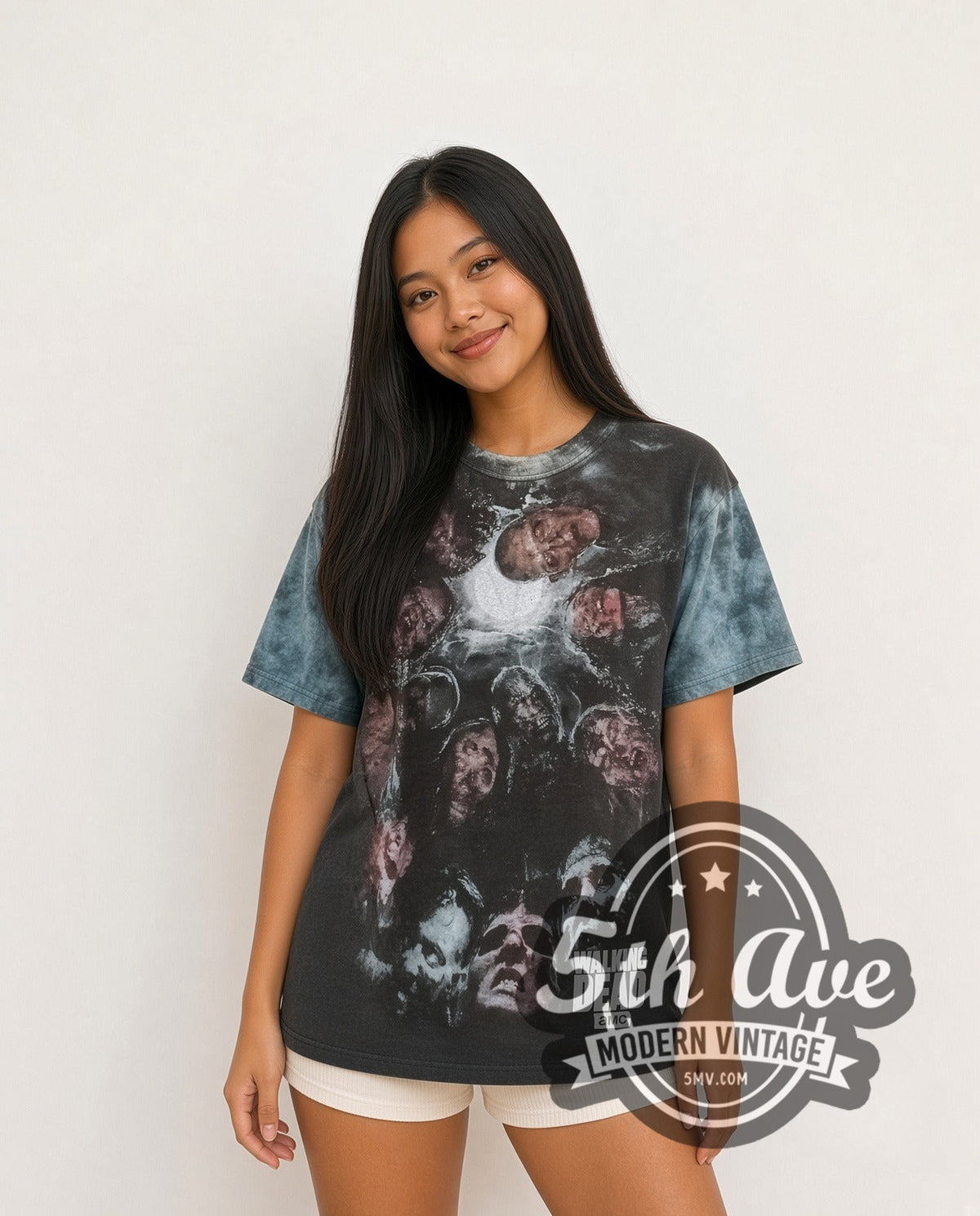 Model wearing The Walking Dead Zombie Horde all-over-print vintage movie tee