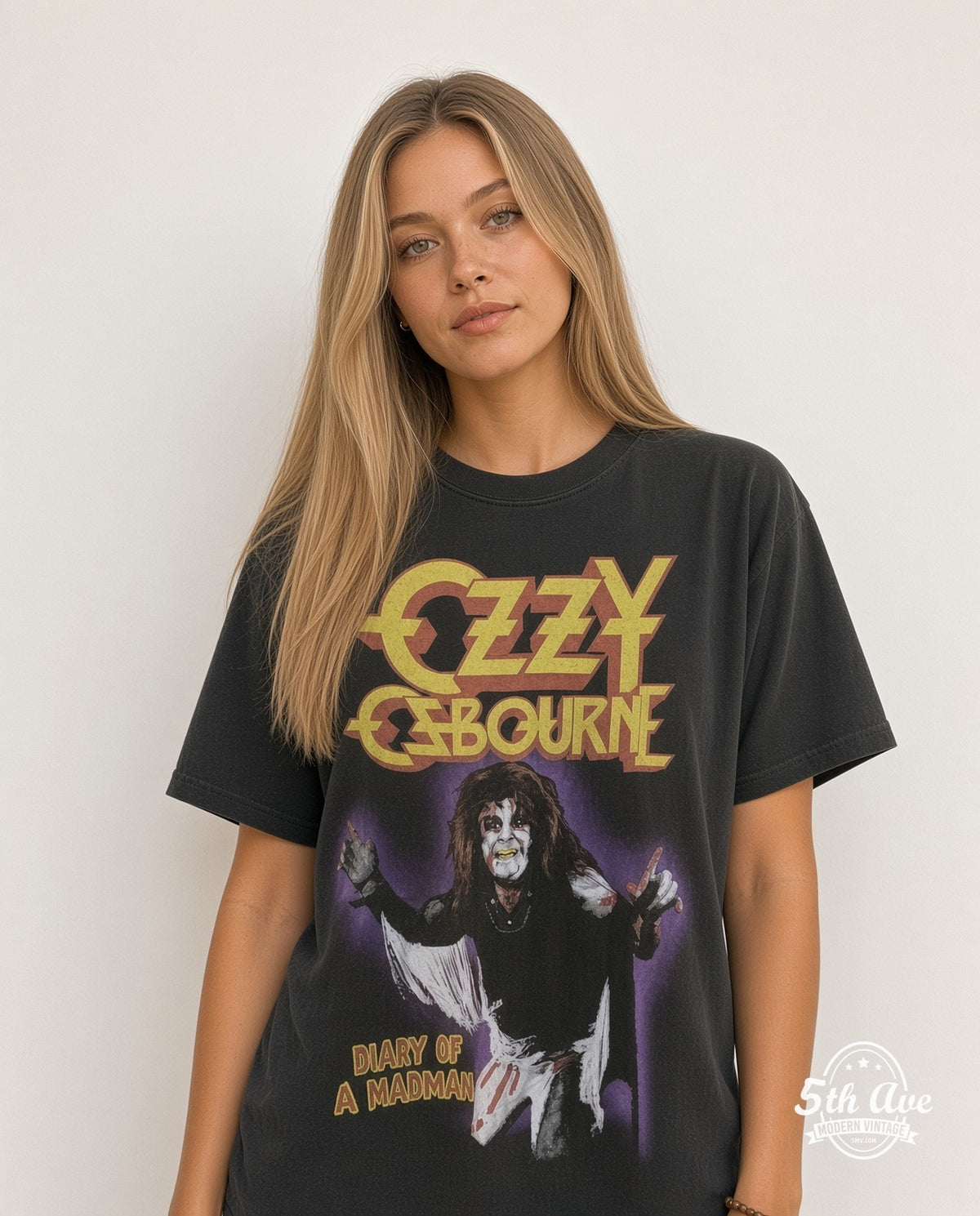 Model wearing the Ozzy Osbourne Diary of a Madman vintage band t-shirt