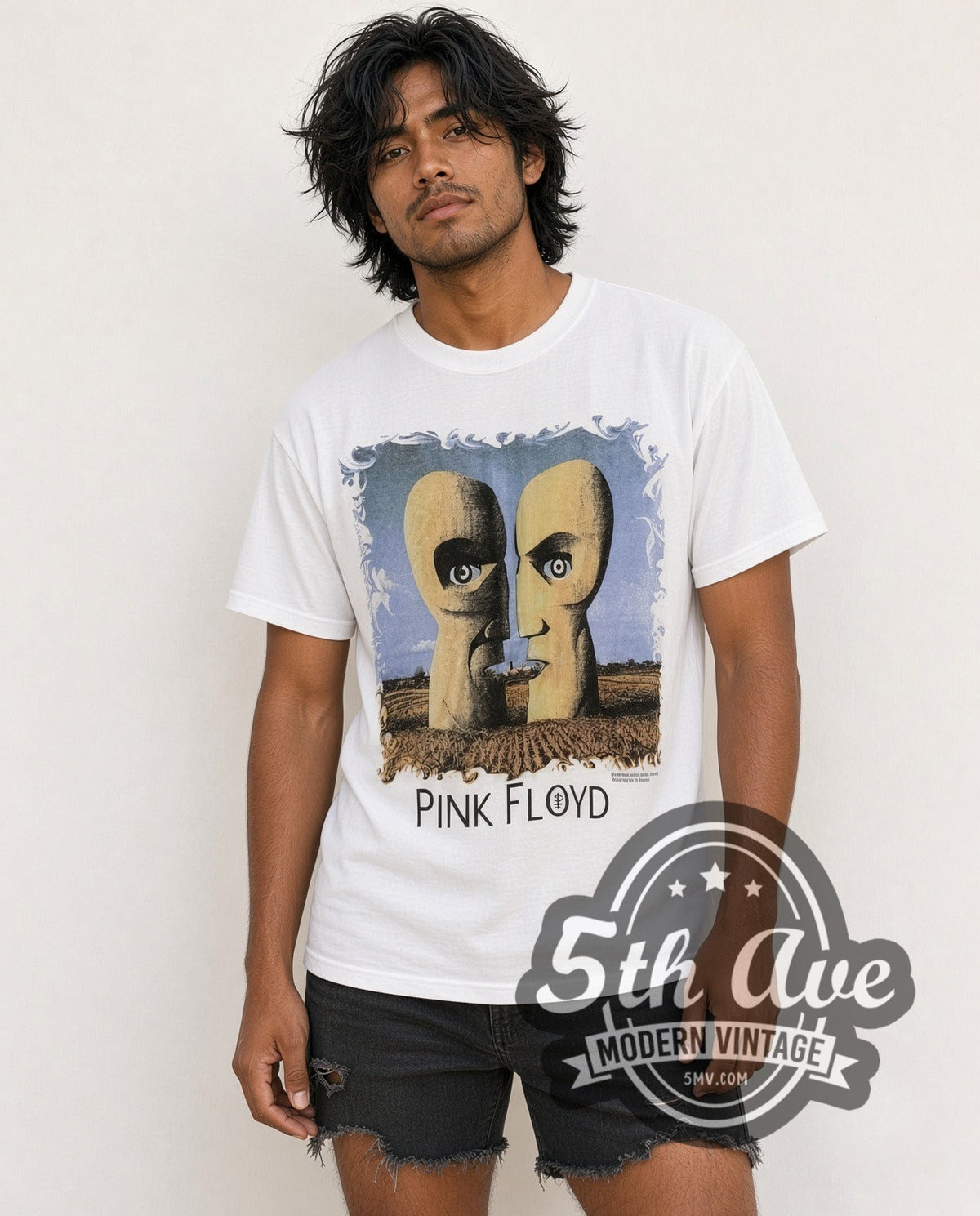 Model wearing the Pink Floyd 1994 North America Tour vintage band t-shirt in white