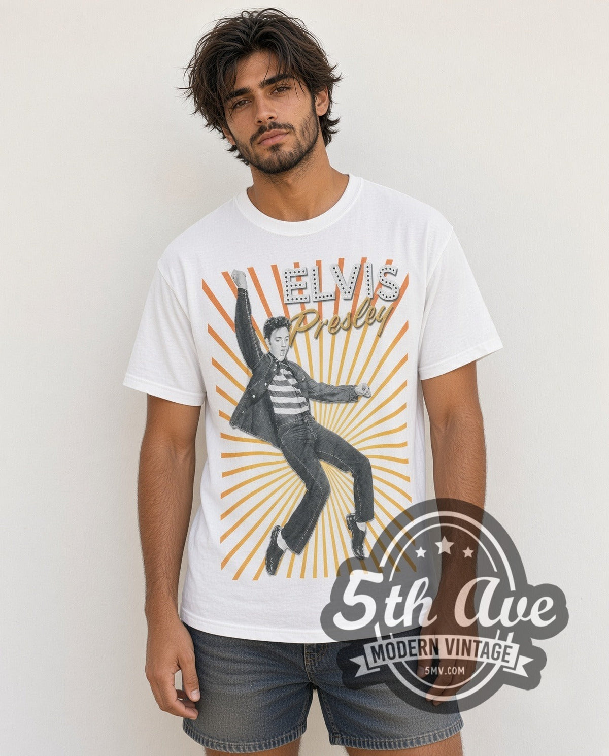 Model wearing the Elvis Presley King of Rock and Roll vintage band t-shirt