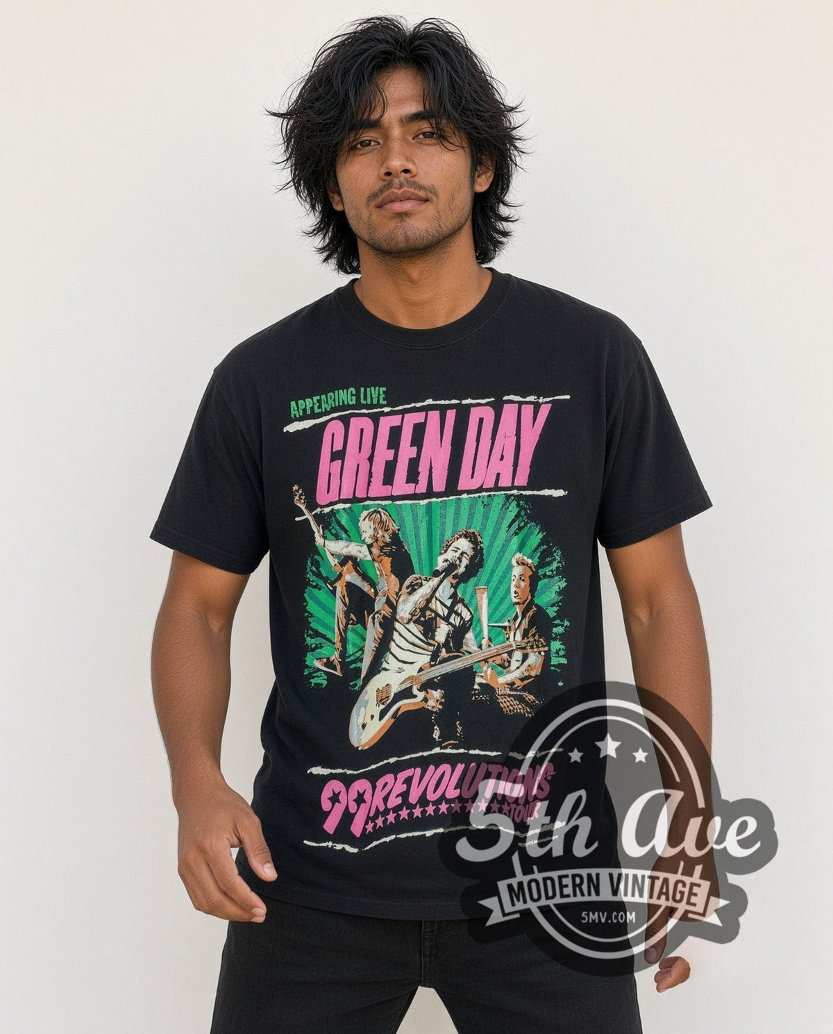 Model wearing the Green Day 99 Revolutions Tour vintage band t-shirt