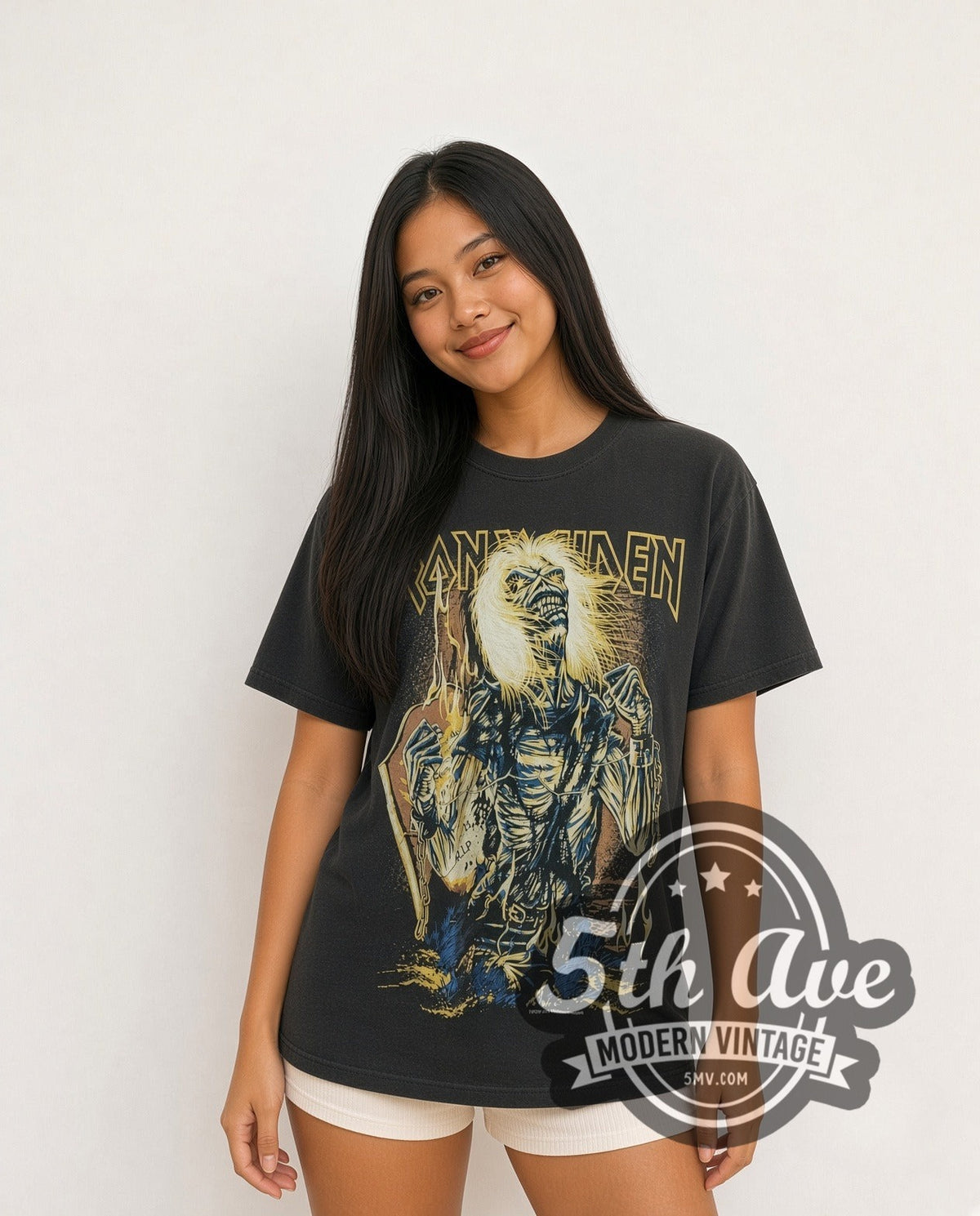 Model wearing the Iron Maiden Chained Eddie RIP Tombstone vintage band t-shirt