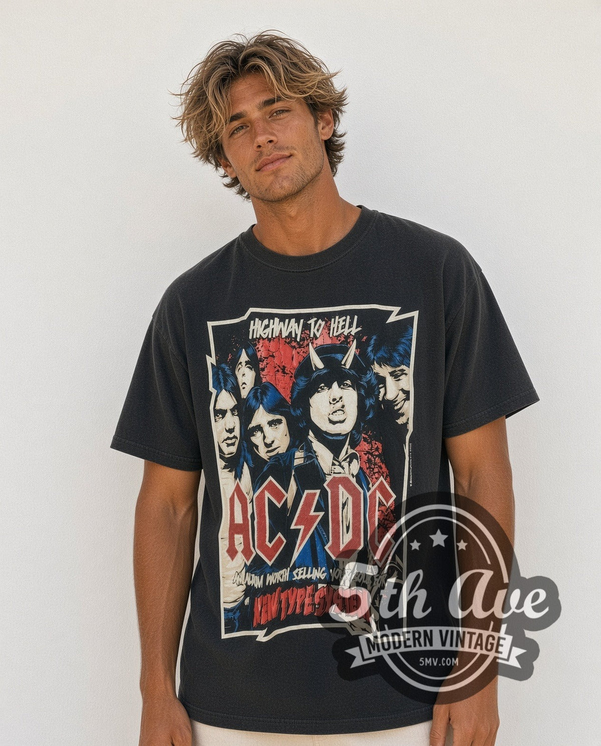 Model wearing the AC/DC Highway to Hell New Type System Devil Horns vintage band t-shirt