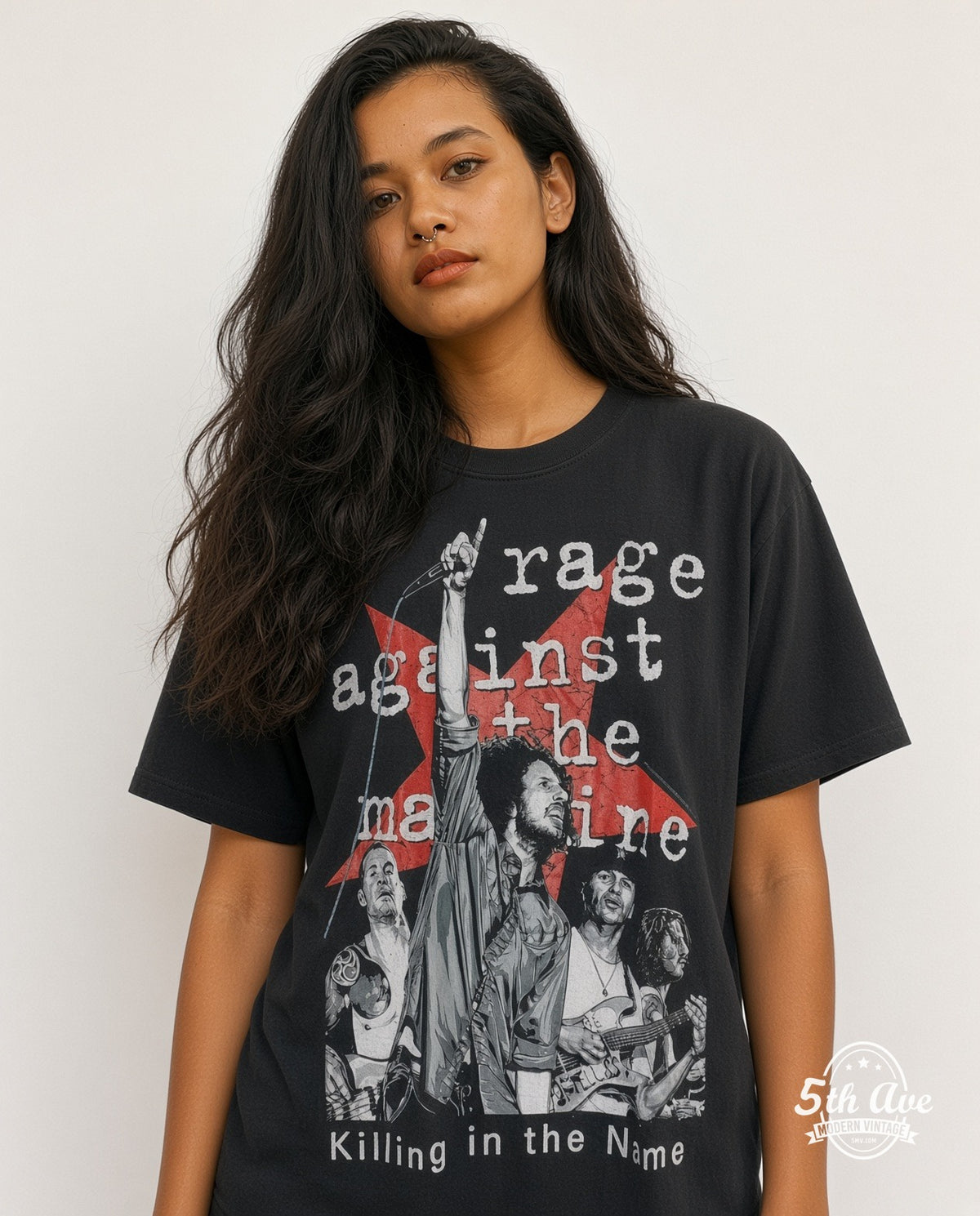 Model wearing the Rage Against the Machine Killing in the Name vintage band t-shirt