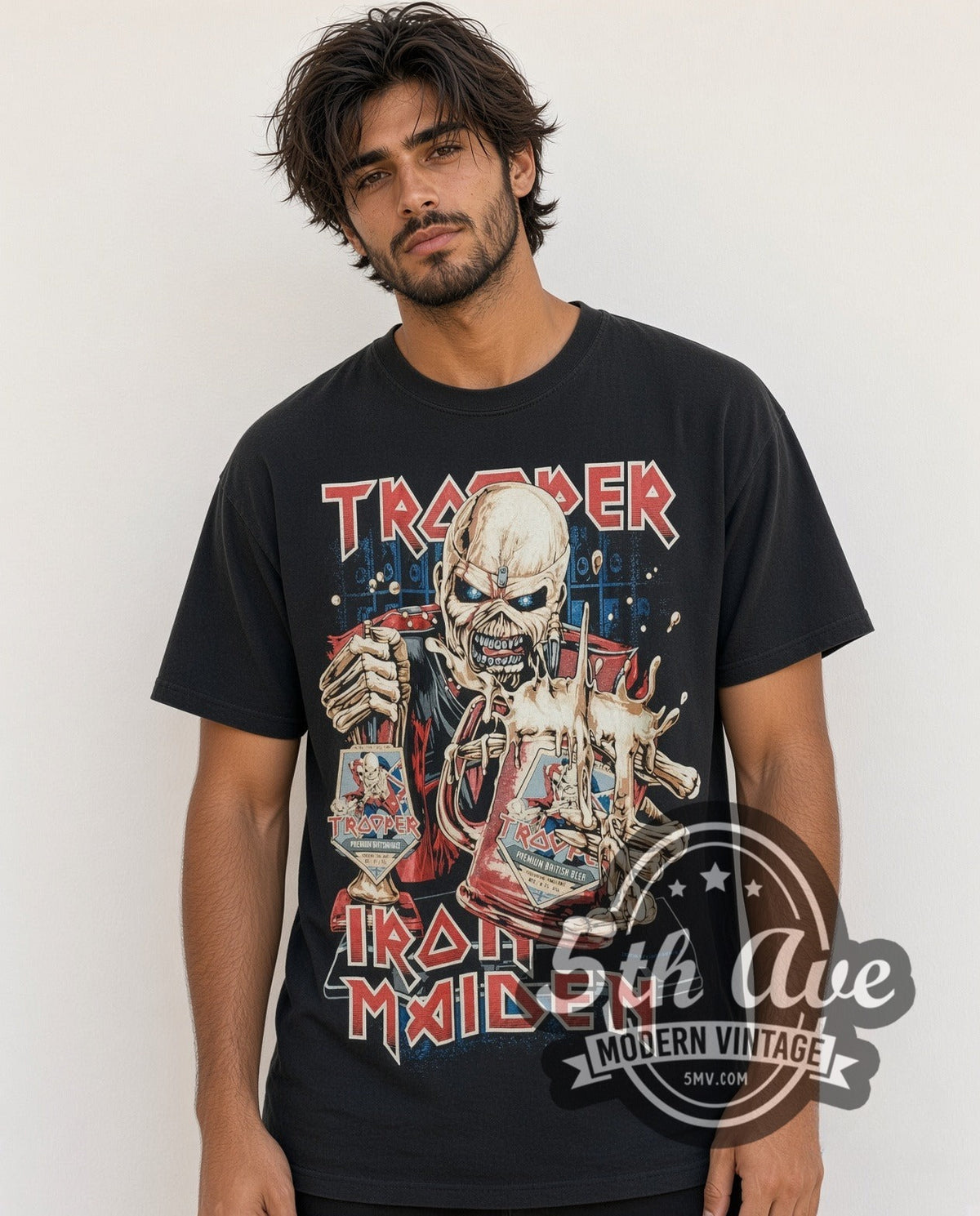 Model wearing the Iron Maiden Eddie Trooper Premium Beer Mug vintage band t-shirt
