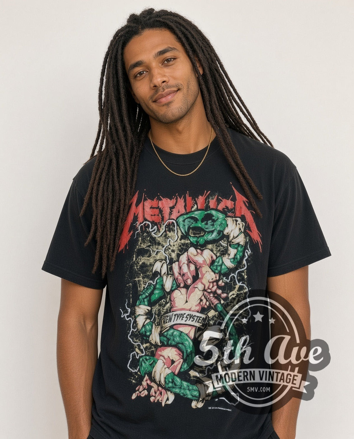 Model wearing the Metallica New Type System Fist Green Snake vintage band t-shirt