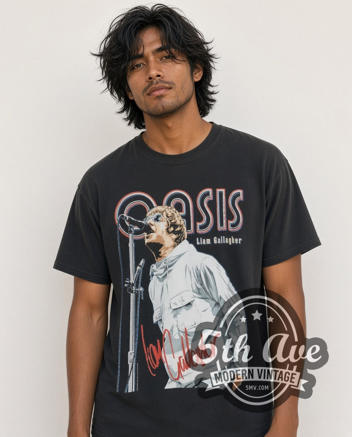 Model wearing the Oasis Liam Gallagher Red Signature vintage band t-shirt