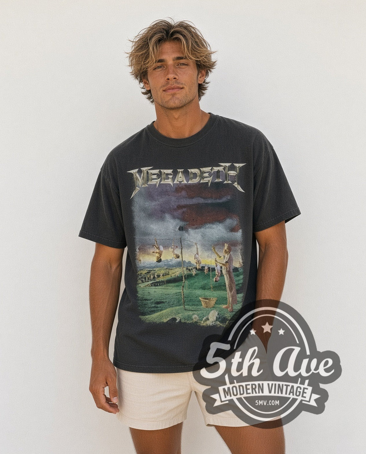 Model wearing the Megadeth Youthanasia Tour 1995 vintage band t-shirt