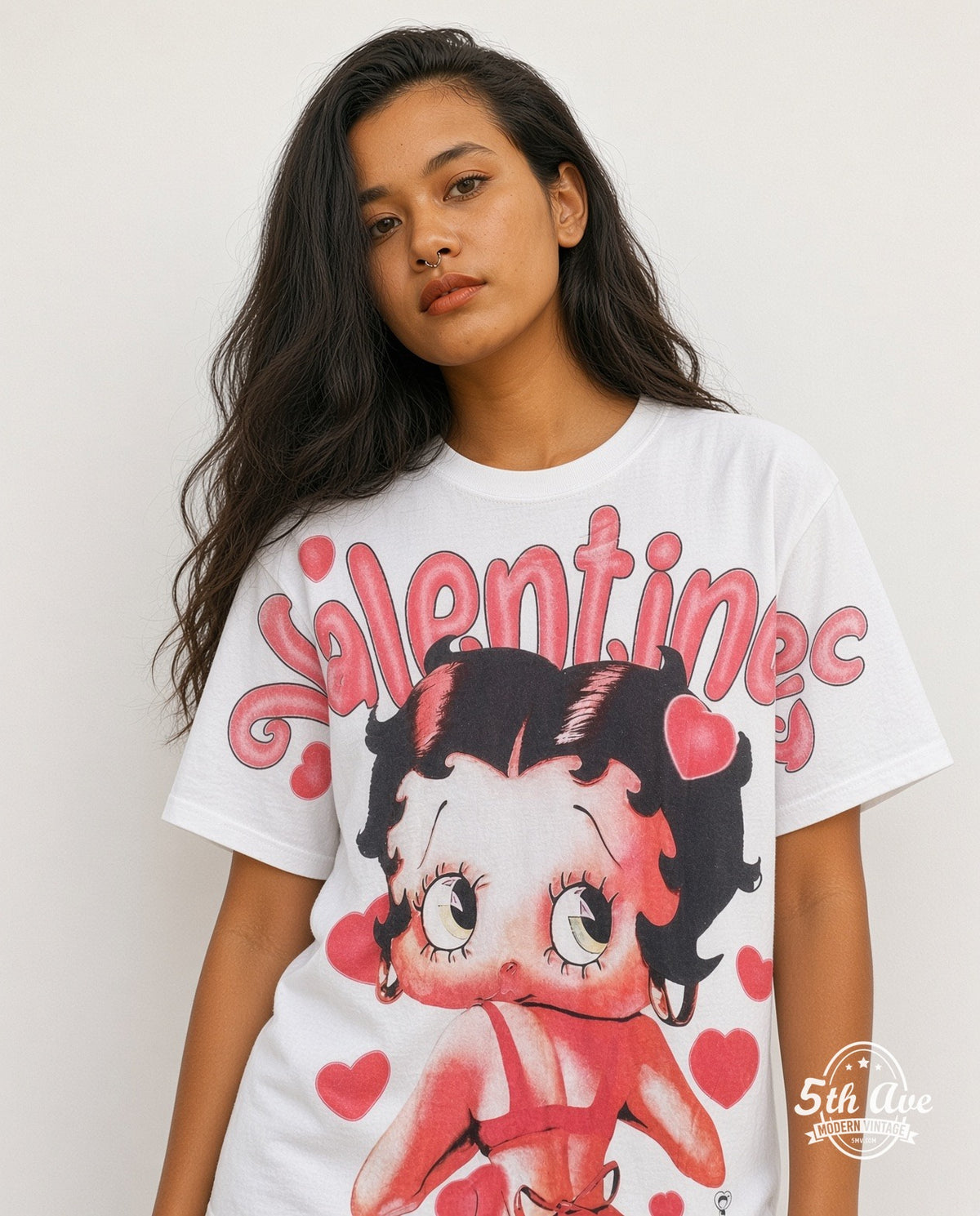 Model wearing the Betty Boop Valentine all-over-print graphic tee