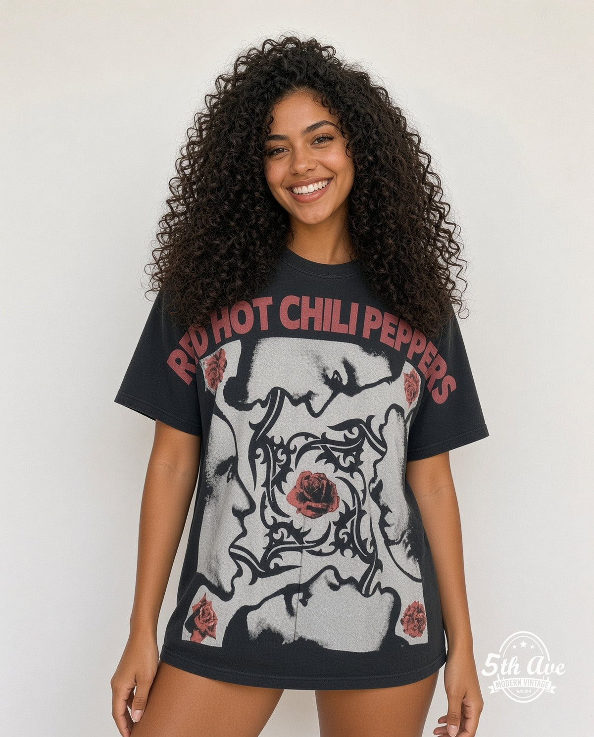 Model wearing the Red Hot Chili Peppers all-over-print vintage band t-shirt