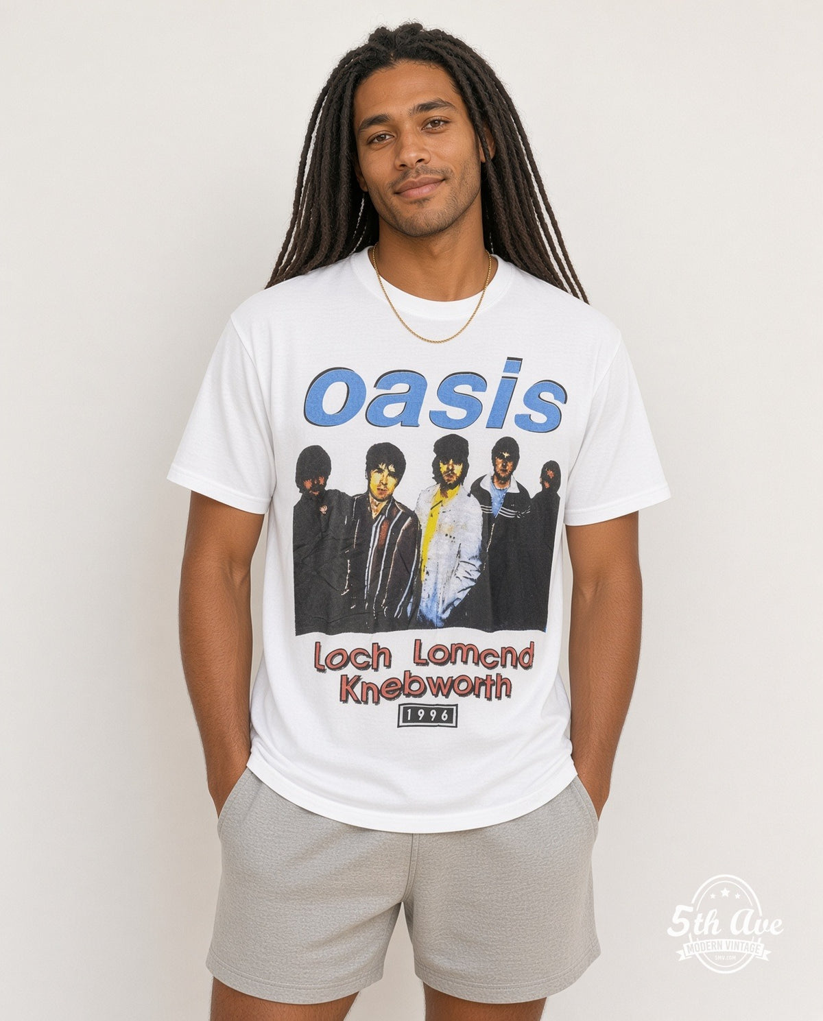 Model wearing the Oasis Loch Lomond and Knebworth vintage band t-shirt
