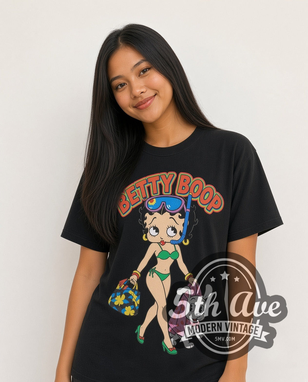 Model wearing the Betty Boop Beach Vibes vintage cartoon t-shirt Vintage Glamour graphic tee