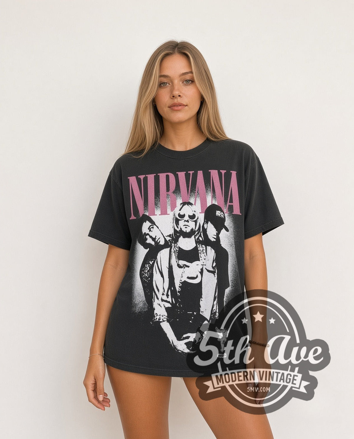 Model wearing the Nirvana Pink Stencil In Utero 1993 vintage band t-shirt